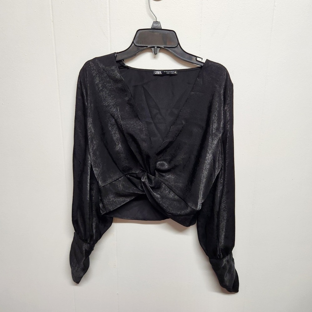 Zara Blouse Womens XS‎ Black Velvet Cropped Twist Front V Neck Long Sleeve Top